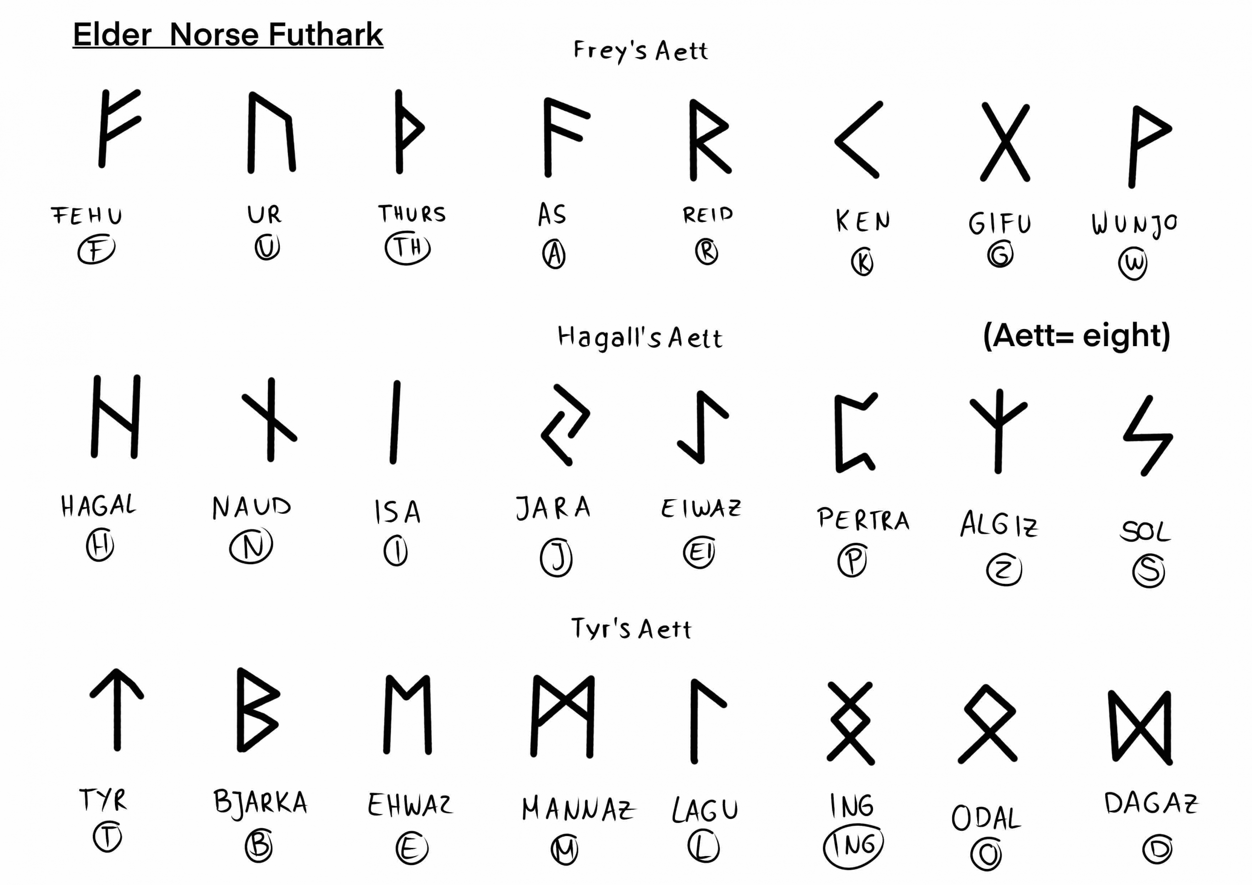 Hier sieht man eine Auflistung der Runen des alten Futhark in drei Zeilen a 8 Runen.